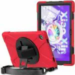 ProElite Rugged 3 Layer Armor case Cover for Lenovo Tab M10 FHD Plus 3rd Gen 10.6 inch with Hand Grip and Rotating Kickstand with Shoulder Strap, Red