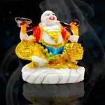 ZURU BUNCH Ceramic Laughing Buddha Sitting on Luck Money Coins Carrying Good Luck & Happiness for Home Decor, Office Decor, Garden Decor, Indoor/Outdoor, 14cm Buddha Statue for Home