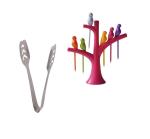 Urban Buy Stainless Steel Momo Tong with Bird Shape Plastic Fruit Fork and Multicolour & (Pack of 2)