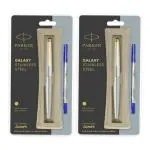 Parker Galaxy Stainless Steel Gold Trim Roller Ball Pen Pack of 2