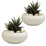 Garden Art White Round Indoor and Outdoor Ceramic Flower Pots (16 x 16 x 6 cm) pack of 2