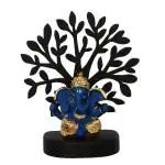 eCraftIndia Blue Wooden Lord Ganesha with Mukut Sitting on Tree Showpiece 13 cm x 11.5 cm (Design 1)