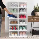 ABOUT SPACE Shoe Box- 12 Tier Shoe Rack for Home | Collapsible Shoe Organiser with Door-Foldable Sneaker Box | Slipper Stand for Men, Women Heels, Boots, Loafers, Sneakers, Flip-Flops (White)- Plastic