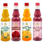 MR. KOOL Premium Refreshing Mango,Rose,Pineapple And Rose Petals Syrup(Sharbat) 750Ml Each.Pack Of 4 .
