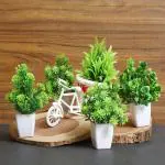 Saf Set Of 5 Mini Artificial Flower Plant For Home, Office, Garden And Table Decor Bonsai Wild Artificial Plant With Pot    (17 Cm, Green)