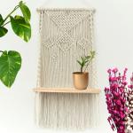 Ecofynd Wood, Cotton Bohemian Boho Nordic Style Macrame Wall Hanging Shelf, 16 Inches