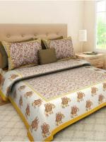 UniqChoice YellowColor 100% Cotton Jaipuri Traditional Double Bedsheet With 2 Pillow Cover 215 x 235 cm(YellowJaalHathi_D)