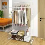 ADA Premium Metal Double Rod Clothe Rail | Heavy Duty Garment Rack on Wheels for Hanging Clothes - Size (80.5 x 51 x 160cm) White