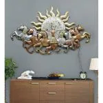Ghar Decor India Metal Handpainted Wall Decor Item Antique Metal Handpainted 7 Running Horses with LED Home Decor Metal Handpainted Wall Art
