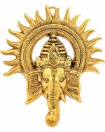 Siddhit Store Handicraft - Gold Aluminium Ganesh Face Encircled with Suraj Wall Hanging Decorative Showpiece - 24 cm