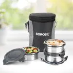 Borosil Feast Stainless Steel Luncboxes with Carry Bag, Set of 3 (400 ml Each), Lunchboxes for Office, School & College