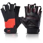 XTRIM One Fit Pro Leather Gym Gloves for Men, One Size Fits All, in-Built Towel, Half-Finger Length with Pullers, Gloves for Professional Weightlifting, Fitness Training and Workout (Black & Red)