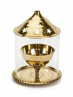 Ein Sof 6 Inch Akhand Diya Decorative Brass & Glass Oil Lamp Tea Light Holder Lantern, Cylinderical Borosilicate Glass Diya Lantern (Gold and White)