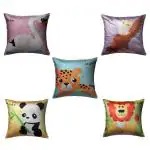 SWHF Soft Decorative Animal Cartoon Printed Velvet Cushion Cover Set of 5 for Kids (Boys and Girls)
