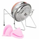 SEVOU Rice Pot Drainer Stand Kitchen Shelves | Multifunctional Stainless Steel Stand for Fruit, Beans, Noodle Strainer | Durable Tabletop Cooked Rice Strainer Stand (Pink Gloves) (Pack of 02)