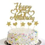 Festiko Gold Glitter Happy 25th Anniversary Cake Topper With Cupcake Toppers 25th Anniversary Cupcake Decoration, 25th Anniversary Party Decorations (25th)