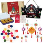 Indigifts Christmas Gift Wall Decorative Box (Navy Blue Merry Christmas Wall Hanging Board, Bamboo Balls String Fairy Light, Assorted Cookies, Bunting Tree Ornament)