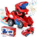 PATPAT Transformers Toys Transforming Dinosaur Car Toys,Transforming Dinosaur LED Car with Light and Music,2 in 1 Automatic Dinosaur Transformer Car Toy,Dinosaur Toys for Kids Boys Girls Red