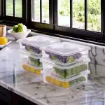 MOOZICO Fridge Storage Boxes (Pack of 6),Fridge Organizer with Removable Drain Plate & Lid, Stackable Portable Freezer Storage Containers Tray To Keep Fresh for Fish, Meat, Vegetables, Fruit (2500ml, Plastic)