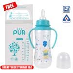PUR Feeding Bottle with handle, Bottle with Nipple for Baby (250ml,Blue)