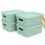 Eha Earth Friendly Multipurpose Basket for storage With Lid | Set of 4, 2.5 L | Made From Rice Husk and Bamboo Fibers | Kitchen Organiser, Bathroom Organiser, Dressing Table Organizer | Celeste