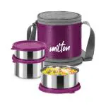 Milton Expando 2+1 Lunch Box (3 Stainless Steel Container, 320 ml, 320 ml, 500 ml) with Insulated Jacket, Wine | Leak Proof | Food Grade | Easy to Carry | Odour Proof | Light Weight | Office | College