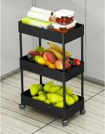 LEAFFYBEZZ Plastic Trolley with Dish Rack for Kitchen Fruit Vegetable Storage Basket Modern Organizer Stackable Shelf Cart Fruits Onion Toys Racks Stand (Black - 3 Layer)