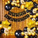 TTimmo4 Birthday Decoration kit 51 Pcs ,Black Banner 1,40 Black & Golden Metallic Balloon, Golden Confetti Balloon 3,Net Curtain 1,Golden Star Foil Balloon 3 ,Light 1,Balloon Arch 1 ,Balloon Glue Dots 1