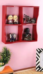 Home Sparkle Red Wooden 4 Compartments Wall Mounted Floating Shelves For Living Room 24X21X52 cm