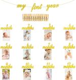 Festiko First Birthday Photo Banner, 12 Month Photo Banner For 1st Year, Gold 1st Birthday Garland With Glitters For Boy Or Girl, Baby Monthly Milestone Picture Banner, Uniquedecoration