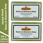 Herbal Khadi Natural Neem & Aloevera Soap Clear & Glow Moisturize Skin Remove Dryness & Heat with Rose Water, Coconut oil Makes Skin Soft & Glamour for Men and Women (Pack of 2) (250 g)
