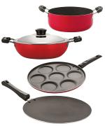 Nirlon 4 pcs of Red and Black 3 Layer Non-stick Aluminium Coated Kitchenware Essential Combo Set, Standard