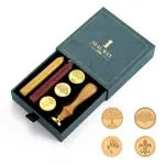 Supvox Wax Seal Stamp Kit Gift Box Set, Wax Seal Kit, 4Pcs Sealing Wax Stamp Copper Seals + 1 Wooden Wax Seal Stamp Handle + 2 Color Sealing Wax Bar, Wax Stamp Kit For Cards Envelopes