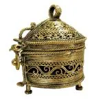 Utkal Crafts Dull Gold Metal Tribal Vintage Art Round Handmade Dhokra Betel Leaf Styled Box