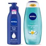 Nivea milk Body lotion 400 ml & Nivea Frangipani & Oil Shower Gel 500ml Combo