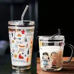 NIYA TRENDZ Random Design Cartoon Glass Milk Fruit Juice Cup for Kids 400ml and Glass Sipper Tumbler with Lid and Straw 470 ML