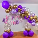 SPECIALYOU.IN 50 Pcs Birthday Decoration items DIY kit for kids with Purple, Gold and Silver Balloons with Happy birthday Foil Balloon set, Arch tape and Double sided tape for Balloon Garland.