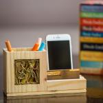 Olha-O | Ethnic Gifting & Decor Pine Wood Pen Stand With Card & Mobile Holder
