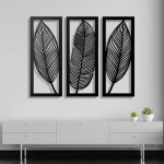 7 Decore Wooden 3 Pieces Leaf Wall Art Panel Frame For Wall Decor in Black Color and Big Size
