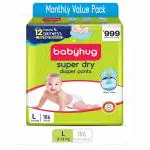 EURO Babyhug Super Dry Baby Diapers Pants Large 62s Pack - Soft Diapers Pants(Pack of 3 ) (9-14 Kg) (186 pieces)