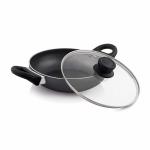 The Chef Story Everyday Non Stick Deep Frying Kadai / Kadhai with Glass Lid 26cm [1 Year Warranty, PFOA Free, 2 Way Non Stick Coating, Pressed Aluminum with Grooved Base for Even Heat Distribution, 100% Recyclable Aluminum]