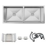 Respite Silver Stainless Steel Handmade Kitchen Sink Double Bowl With Coupling And Waste Set, 45 X 20 X10 Inch