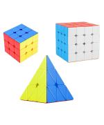 CrackaDeal Plastic Cube Combo Set of 3X3, 4X4, Pyraminx High Speed Stickerless Magic Cube Puzzle, Multicolor (Pack of 3)