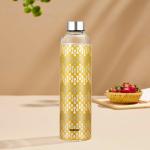 Borosil Vista Glass Bottle, 1L, Narrow Mouth, Silver Metal Lid, Stylish Design, 100% Borosilicate, Fridge Safe, Leakproof, Easy To Carry, Store Water, Lassi, Juice, Smoothies, Dishwasher Safe