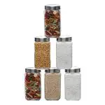 Cutting EDGE Glass Jar 2000 ml Transparent Barni for Kitchen, Aachar Pickle, Dry Fruits, Masala, Spices, Grocery, Grains Clear Storage Container with Silver See-Through Lid (Set of 6)