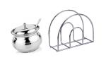 BLUE WONDER Stainless Steel Multipurpose Ghee Pot/Pickle Container with Spoon With Stainless Steel Napkin Holder and (Multicolour, Pack of 2)