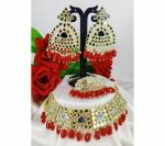 Gyaan Jewels Handmade Alloy Necklace, Earring and Maang Tikka Set Red, Gold, White (Women) Free Size