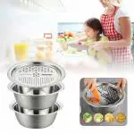 ANJ EKART Multifunctional Stainless Steel Basin, Multifunctional Stainless Steel Grater Basin 3 in 1 Colanders Basin, Grater Strainer, Drain Basket and Salad Maker Bowl