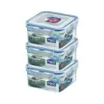 Lock & Lock Classic Square Plastic Airtight Food Storage Container with Leak Proof Lid, 420 ml, Transparent, Set of 3 (HPL850 x 3)