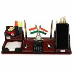 DESKDOCK Brown Leather Multipurpose Desk Organizer Pen Stand Holder With Calculator Watch Flag For Office Table Top With Mobile Holder